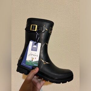 Joules Molly Black Metallic Bees Rubber Calf Rain Boots w Honeycomb Fabric